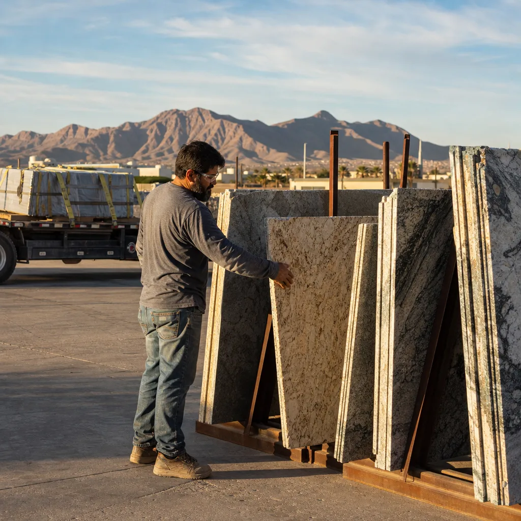 Granite slab selection at El Paso fabrication yard near Franklin Mountains