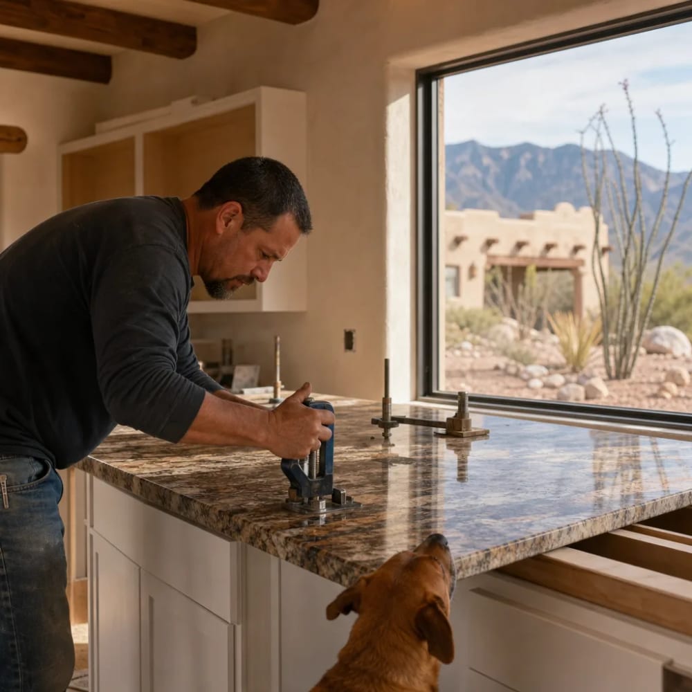 Installer fitting granite countertop slab in Upper Valley El Paso adobe-style home kitchen