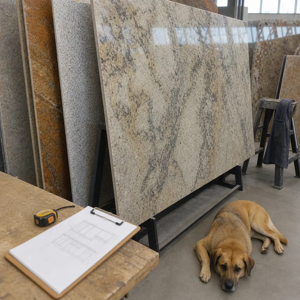 Granite slab showroom display for Upper Valley El Paso countertop selection and fabrication