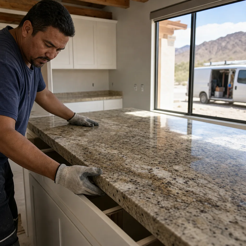 Granite countertop installation in Sunland Park home near El Paso fabrication van