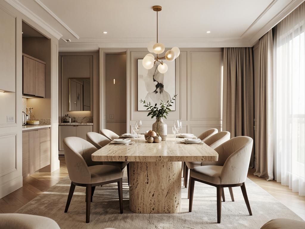 Dining room with a solid natural stone table top
