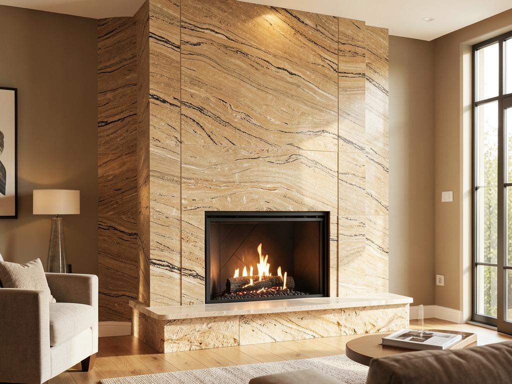 Natural stone fireplace surround in a warm modern living room