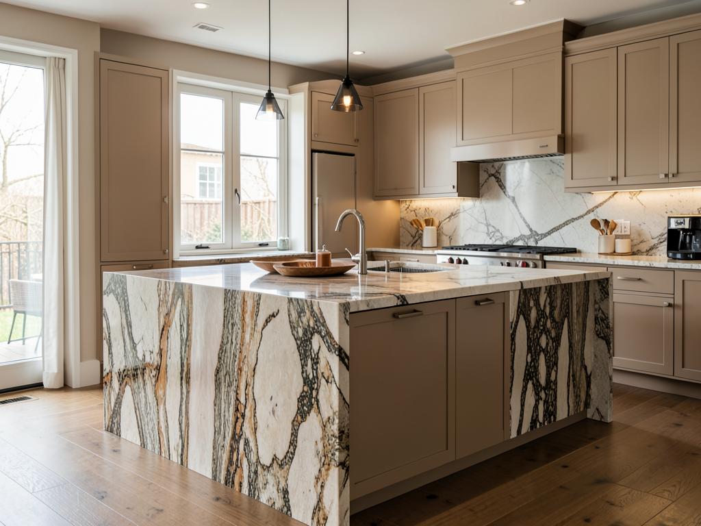 Kitchen island with a veined natural stone waterfall countertop