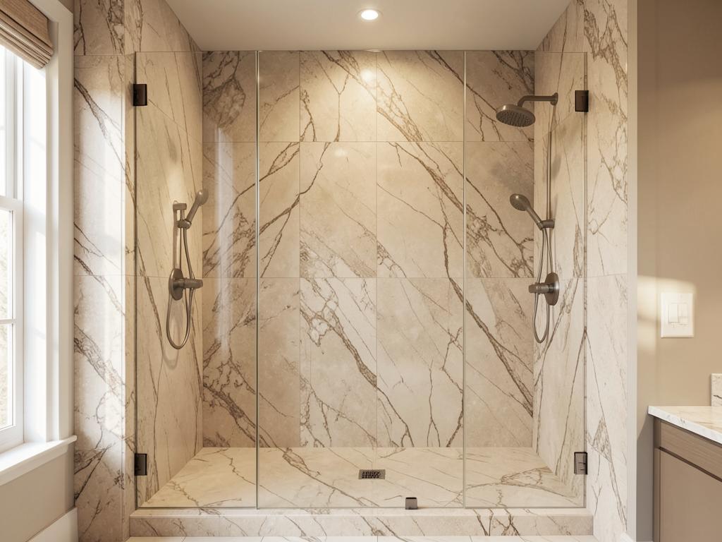 Walk-in shower with large natural stone wall panels