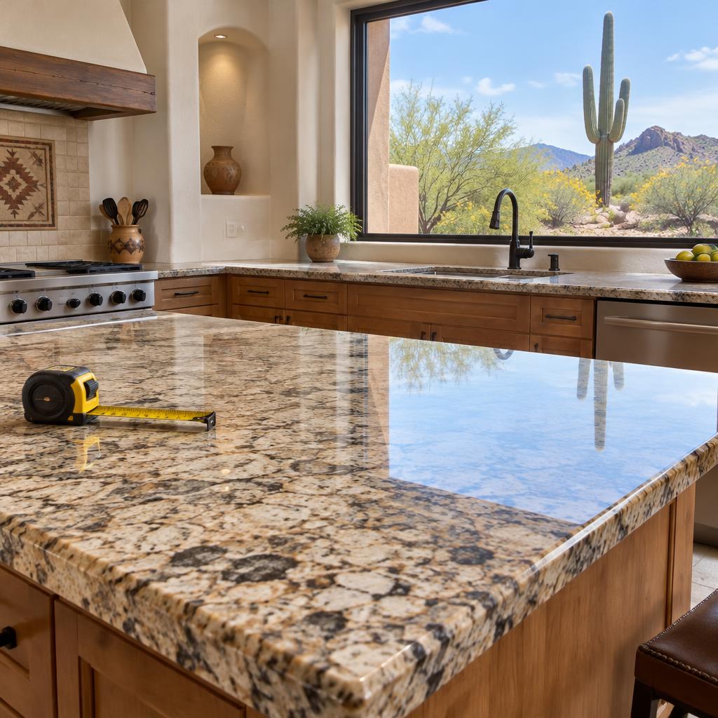 Granite countertop estimate materials in West El Paso stucco home kitchen with desert landscaping view
