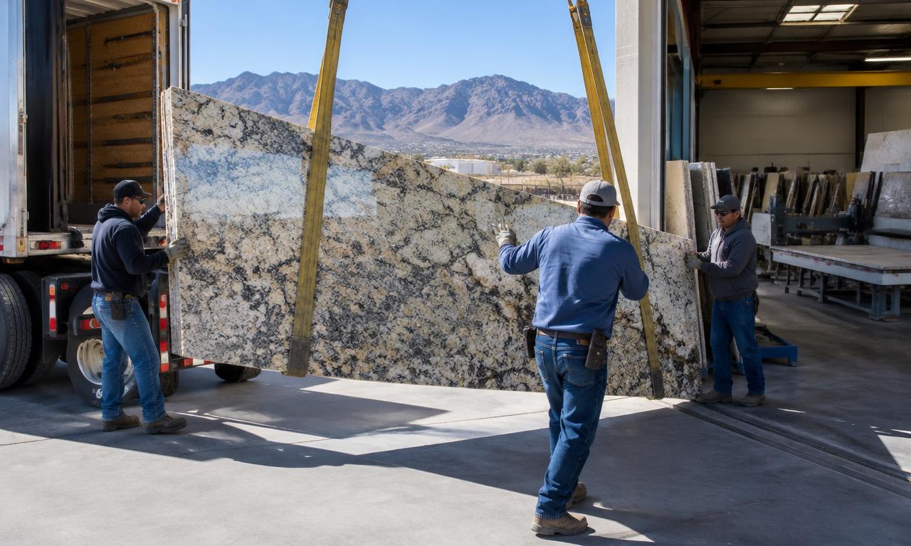 Fabricator moving granite slab for West El Paso countertop installation near desert mountains