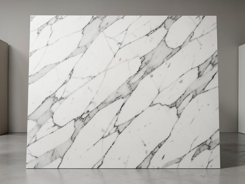 Calacatta style quartz countertop material with white surface and gray veining