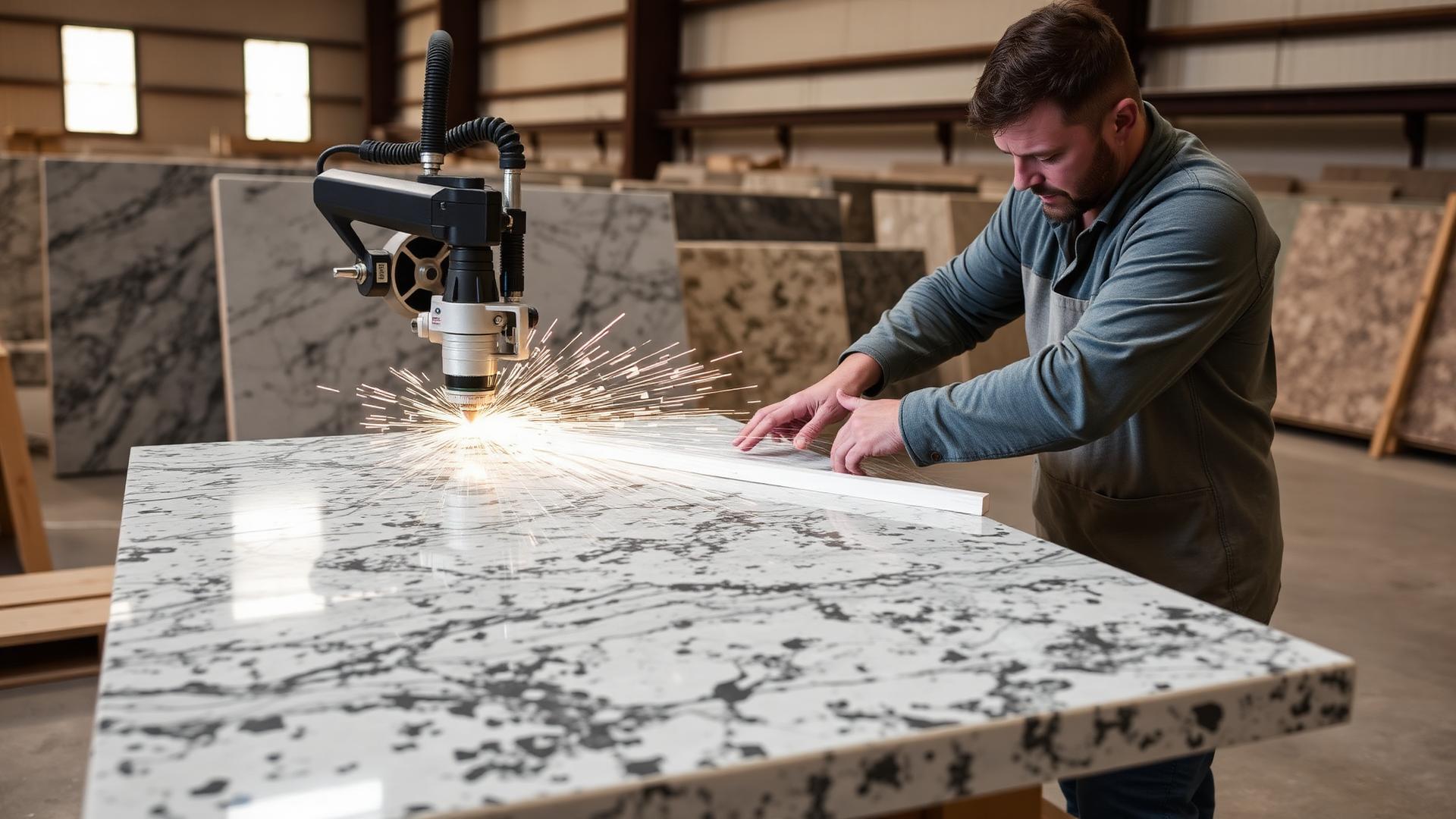Stone fabrication craftsman cutting a countertop slab