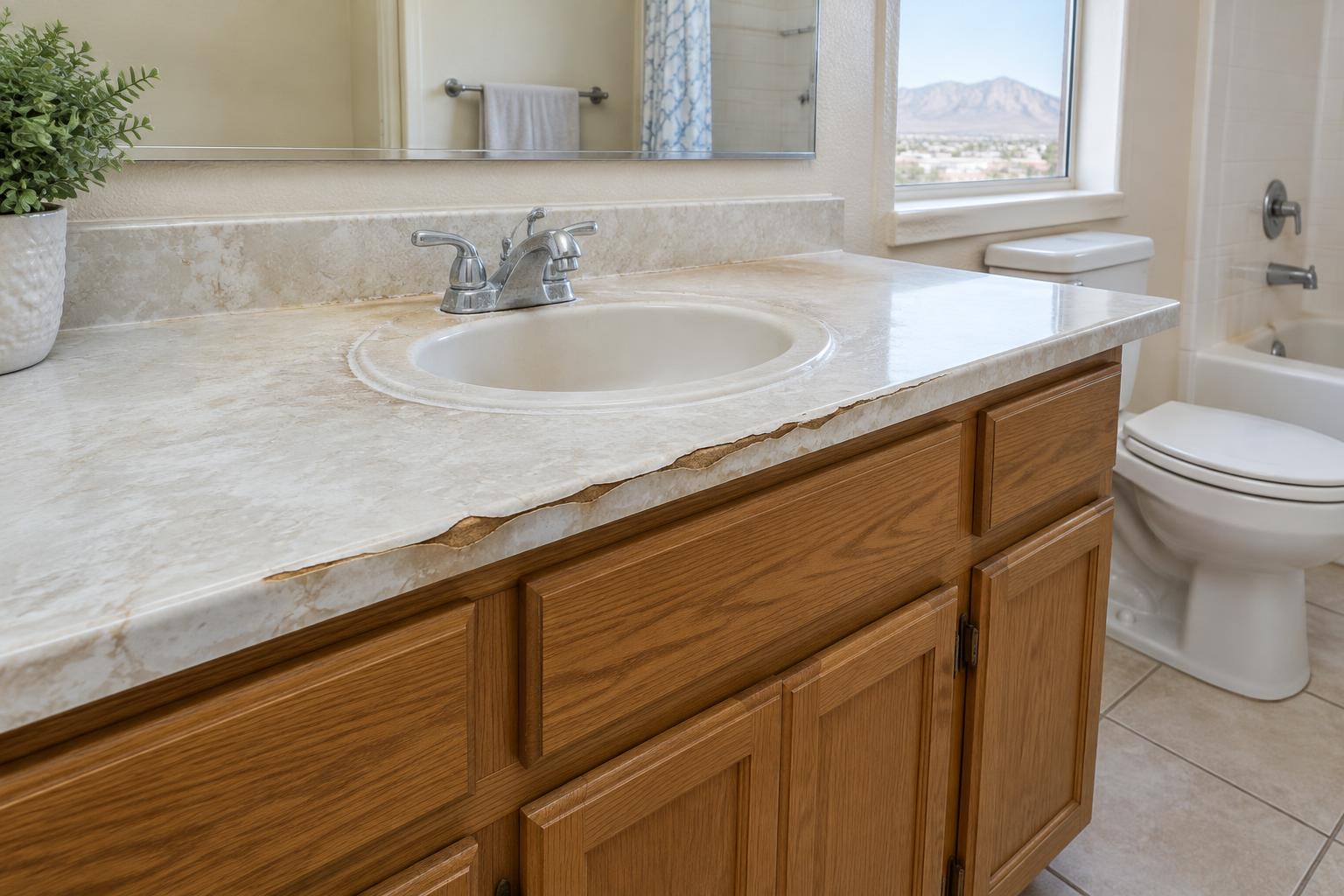 Worn bathroom vanity countertop with peeling edges and mineral stains in an El Paso home.