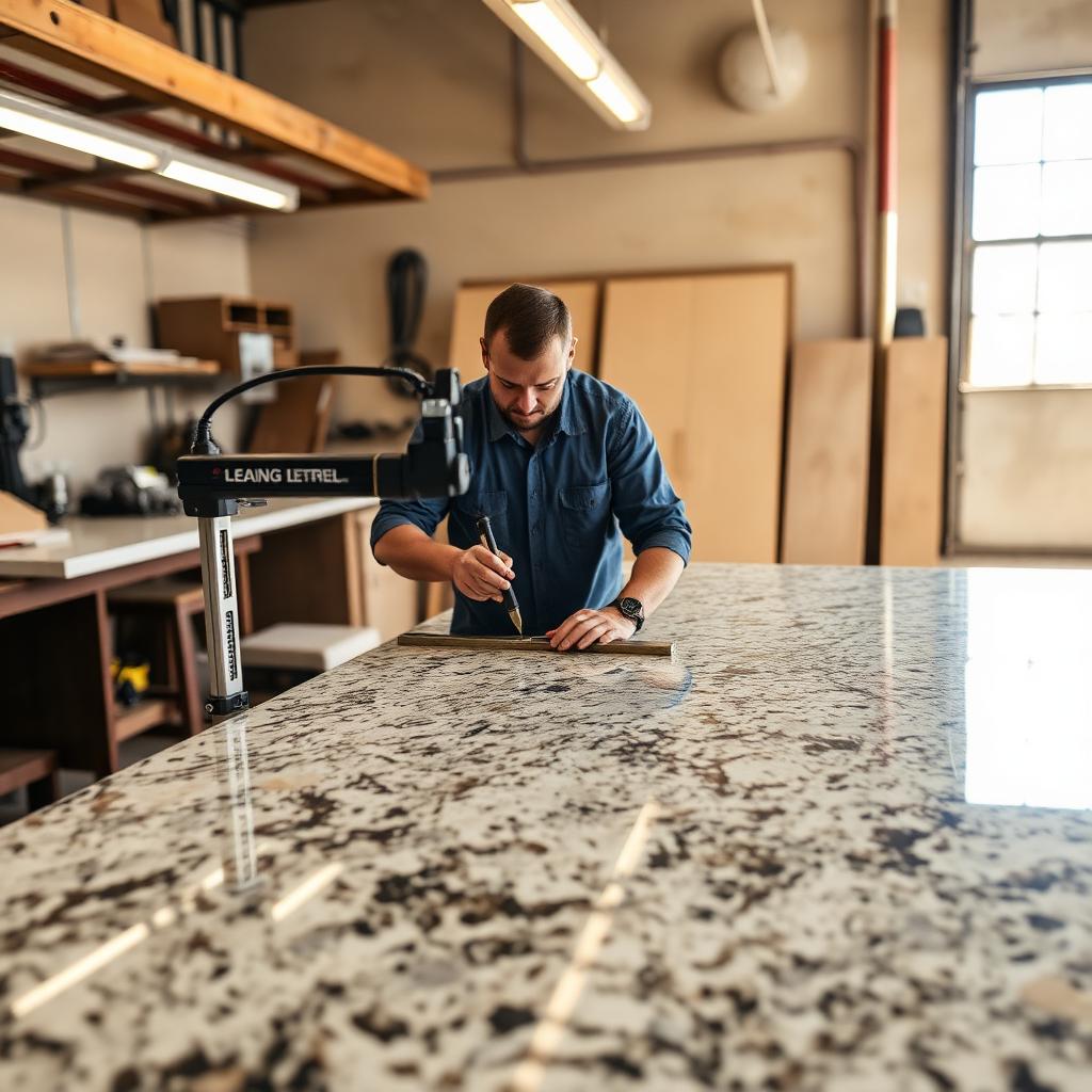 Countertop fabricator in an El Paso workshop measuring a granite slab with digital templating equipment