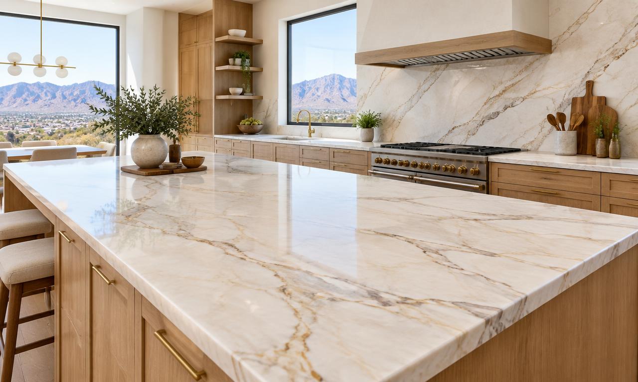 Trending warm white quartzite countertop with subtle veining in a modern El Paso kitchen.