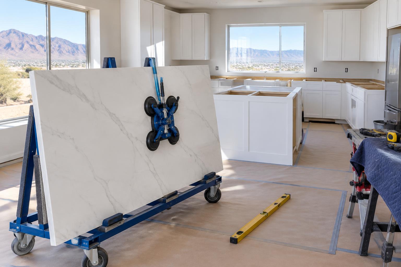 Quartz countertop slab safely supported on an A-frame trolley in an El Paso kitchen during installation.