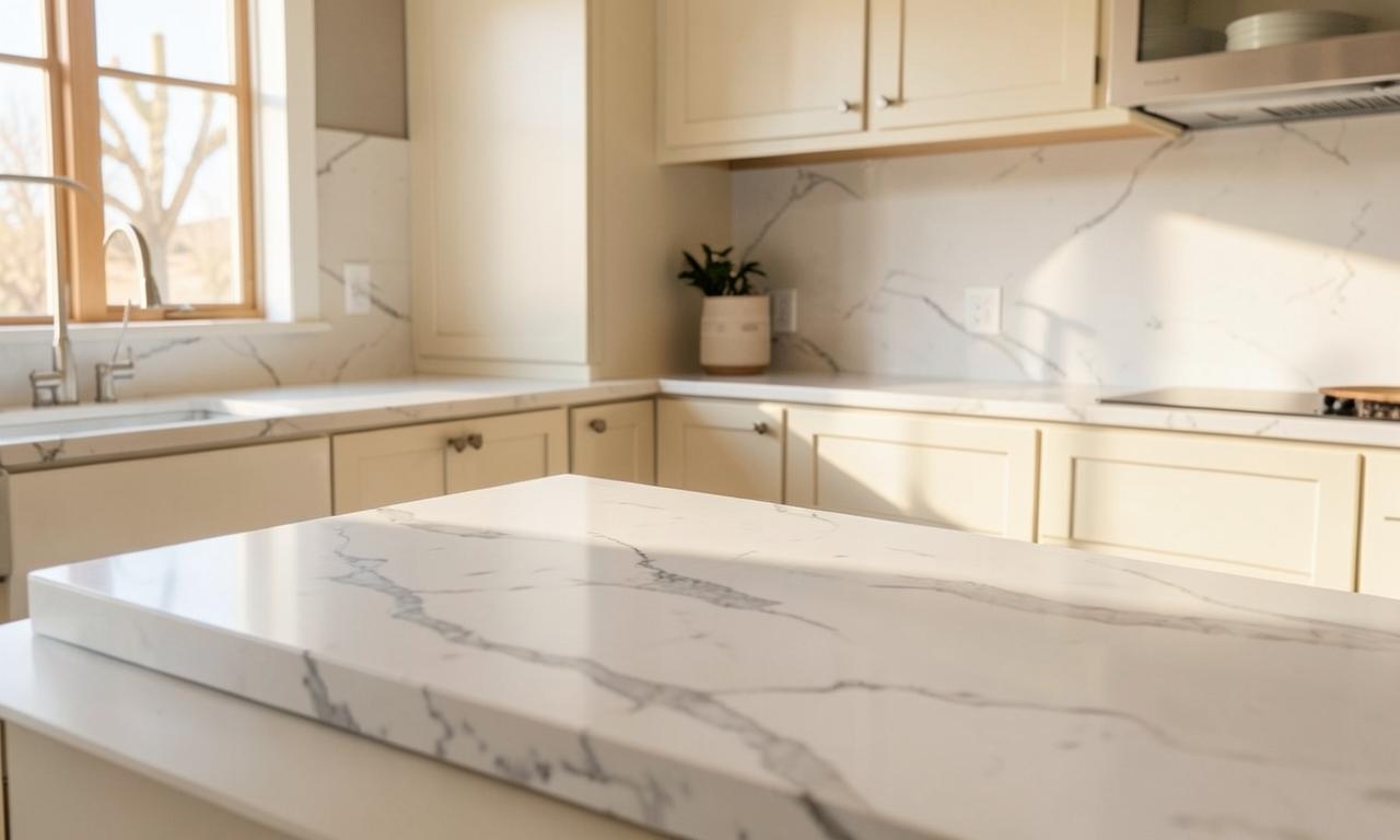 White marble-look quartz countertop with soft gray veining in a bright El Paso kitchen — a durable alternative to real marble