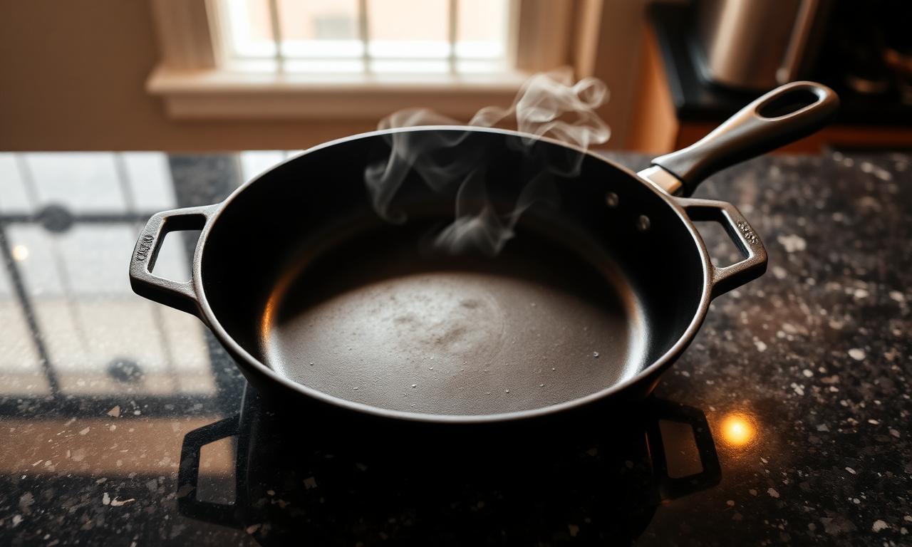 Hot cast iron skillet steaming on a polished dark granite kitchen countertop in an El Paso home