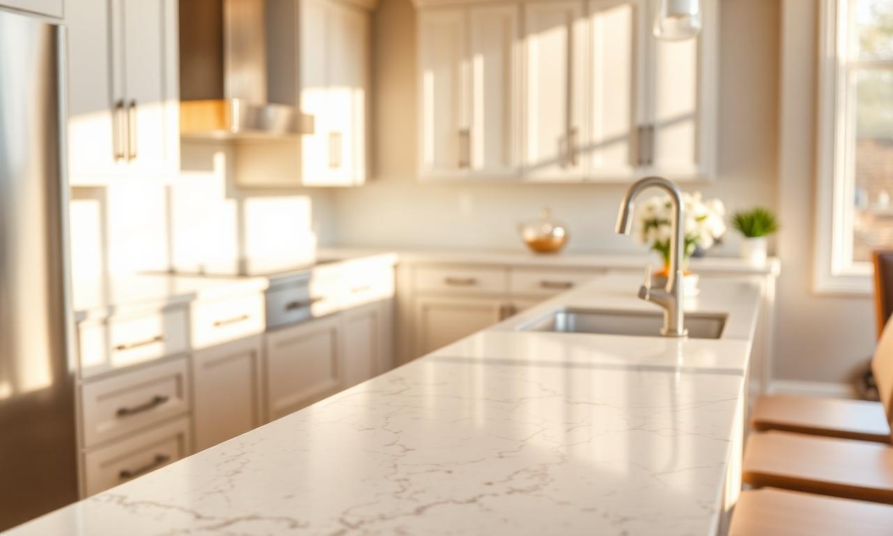Modern El Paso kitchen with white granite countertop and light cabinets