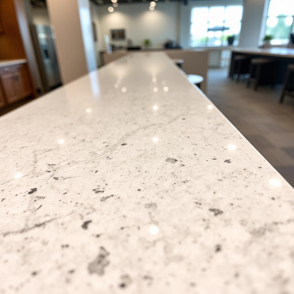 Close-up of a quartz countertop slab inspected under showroom lighting in El Paso