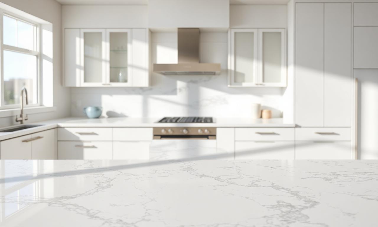 Polished white quartzite countertop with gray veining in a bright modern El Paso kitchen