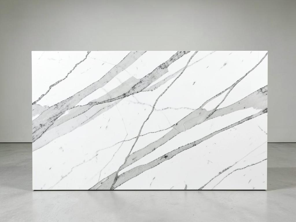 Statuario style quartz countertop material with bright white surface and bold gray veins