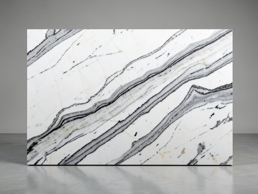 Viscount White granite countertop material with white surface and flowing gray veining